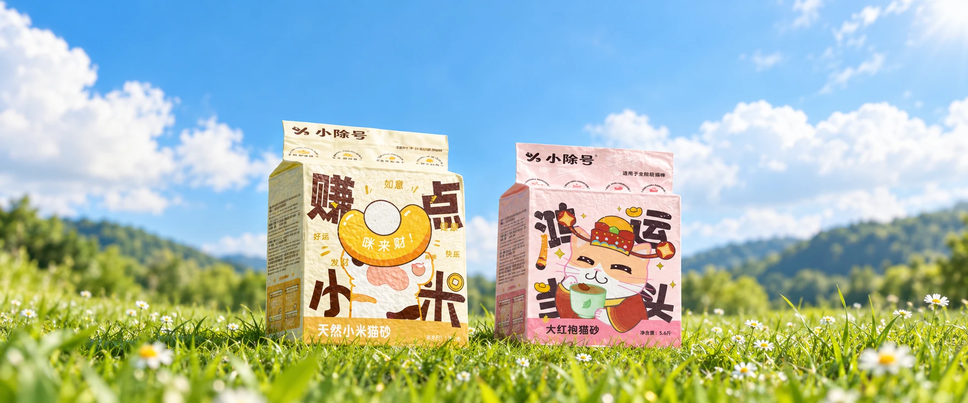 小除号黄色小米猫砂与粉色大红袍猫砂包装的蓝天草地合成展示
